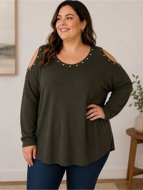 Laura Plus Black Cold Shoulder Studded Knit Tunic Sweater 2X